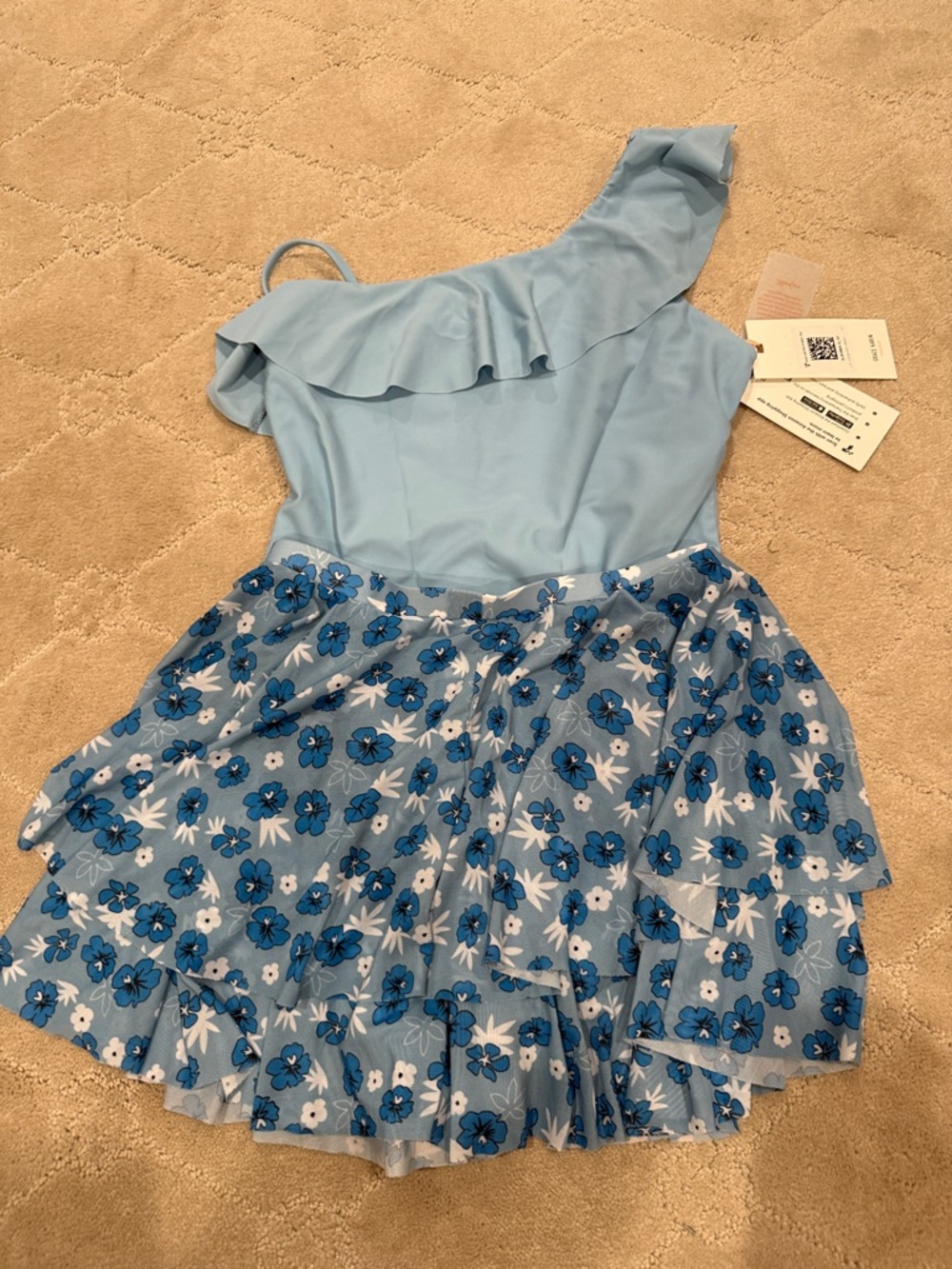 One-Shoulder Light Blue Floral Ruffle swim with Blue and white skirt NWT 12-14